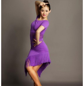 Violet purple black red fringes tassels short sleeves women's ladies female competition professional latin salsa cha cha dance dresses outfits